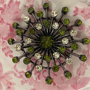 Vintage Green and Clear Rhinestone Sunburst Brooch